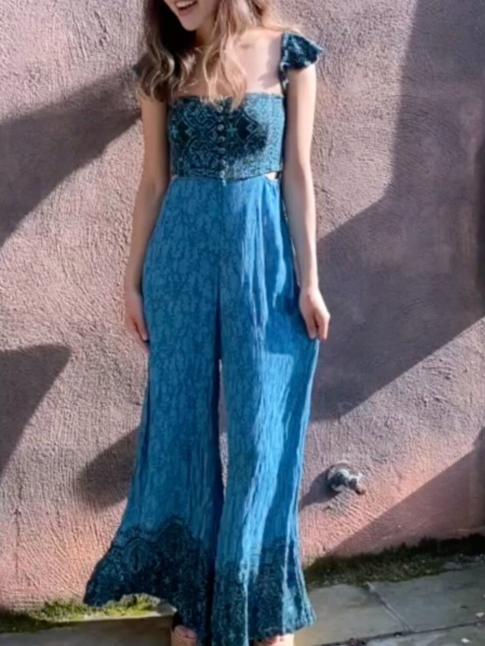 Free People NWOT Off Shoulder Bali Jumpsuit Boho Festival Size S in Teal - Picture 4 of 11